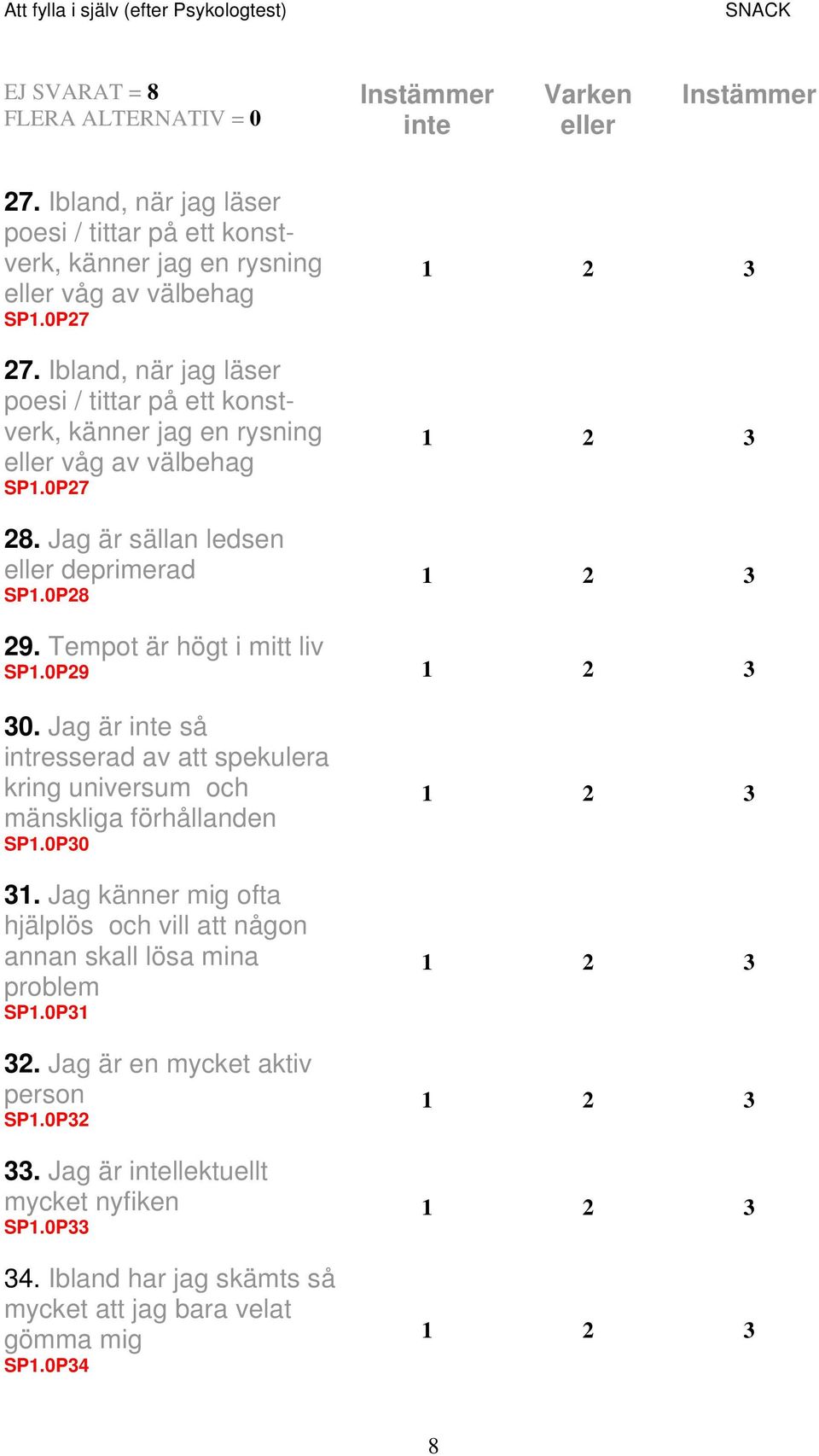 Tempot är högt i mitt liv SP1.0P29 30. Jag är inte så intresserad av att spekulera kring universum och mänskliga förhållanden SP1.0P30 31.