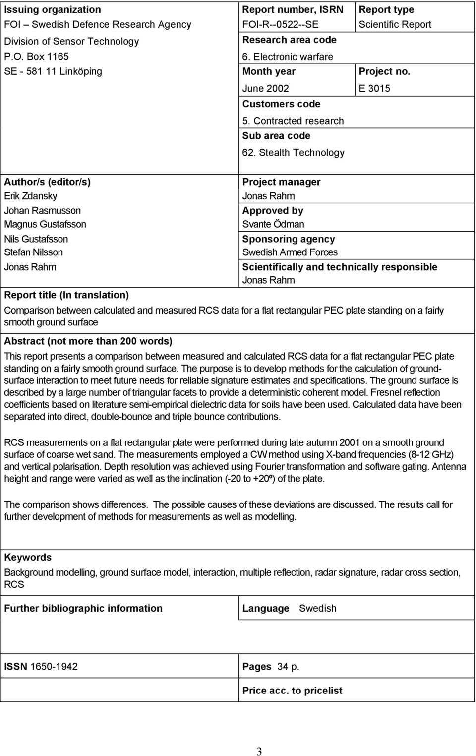 -R--0522--SE Scientific Report Division of Sensor Technology P.O.