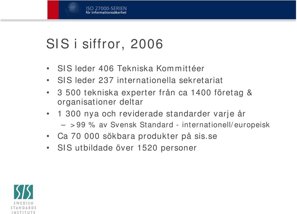 organisationer deltar 1 300 nya och reviderade standarder varje år >99 % av Svensk