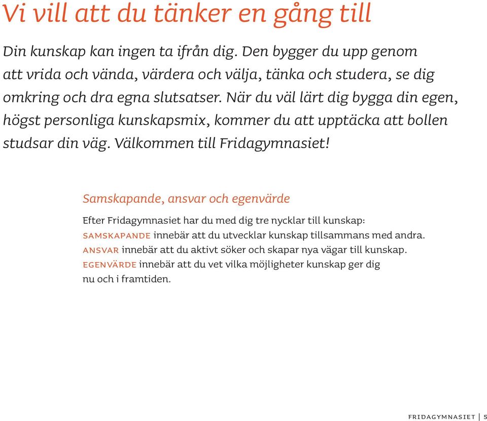 När du väl lärt dig bygga din egen, högst personliga kunskapsmix, kommer du att upptäcka att bollen studsar din väg. Välkommen till Fridagymnasiet!