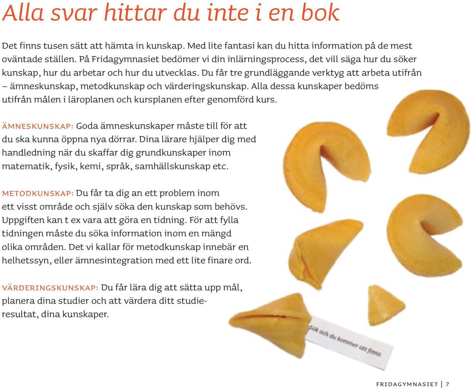 Du får tre grundläggande verktyg att arbeta utifrån ämneskunskap, metodkunskap och värderingskunskap. Alla dessa kunskaper bedöms utifrån målen i läroplanen och kursplanen efter genomförd kurs.