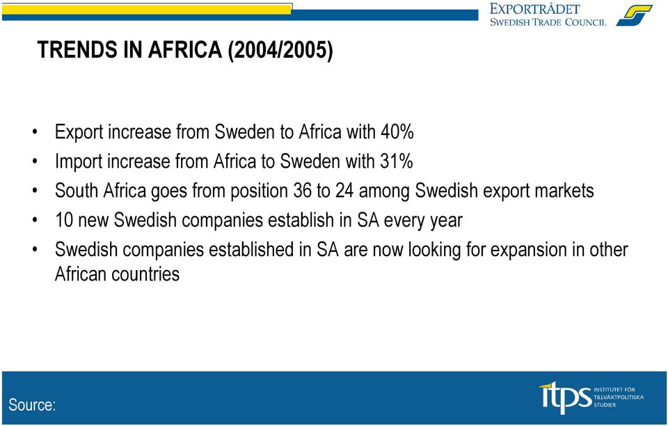 Swedish export markets 10 new Swedish companies establish in SA every year Swedish