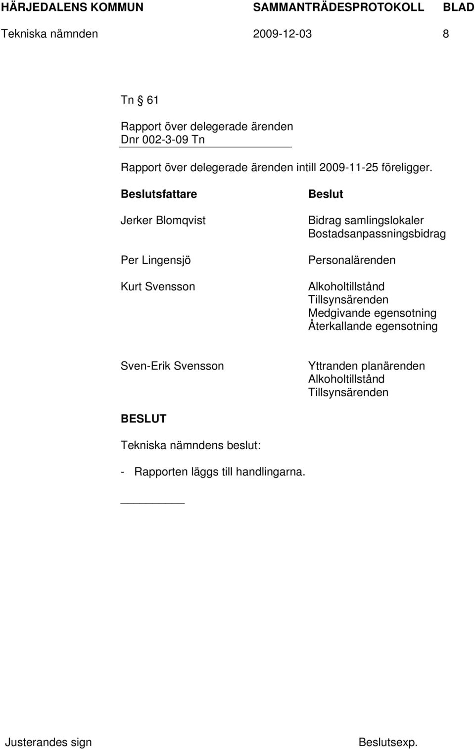 Beslutsfattare Jerker Blomqvist Per Lingensjö Kurt Svensson Beslut Bidrag samlingslokaler Bostadsanpassningsbidrag