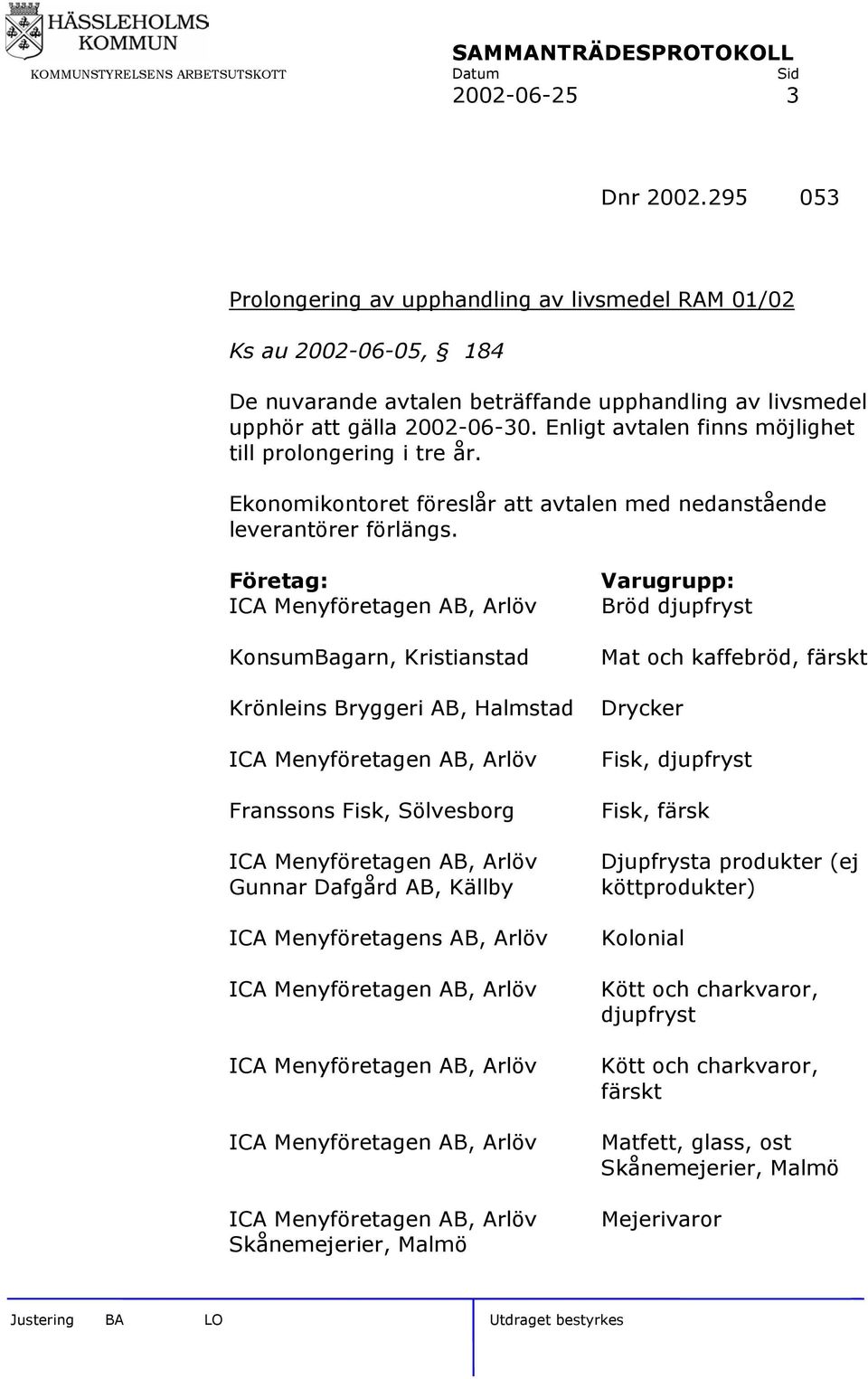 Enligt avtalen finns möjlighet till prolongering i tre år. Ekonomikontoret föreslår att avtalen med nedanstående leverantörer förlängs.