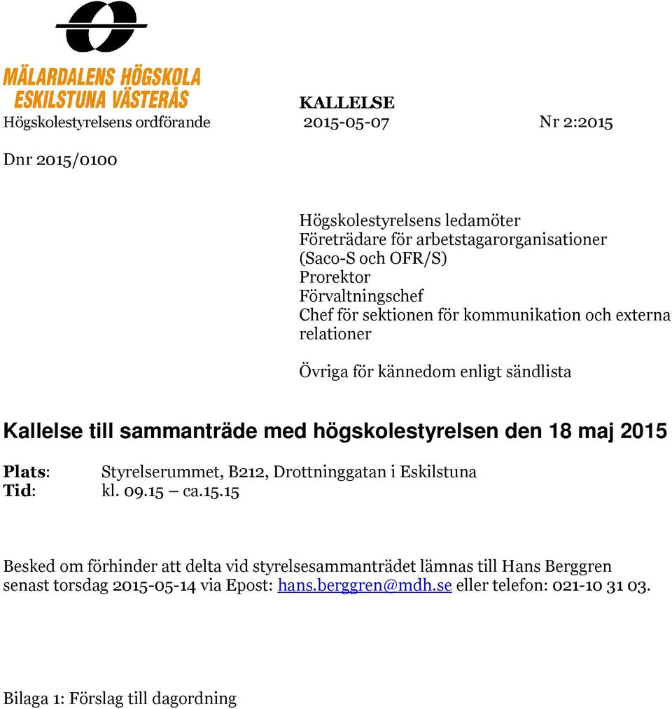 med högskolestyrelsen den 18 maj 2015 
