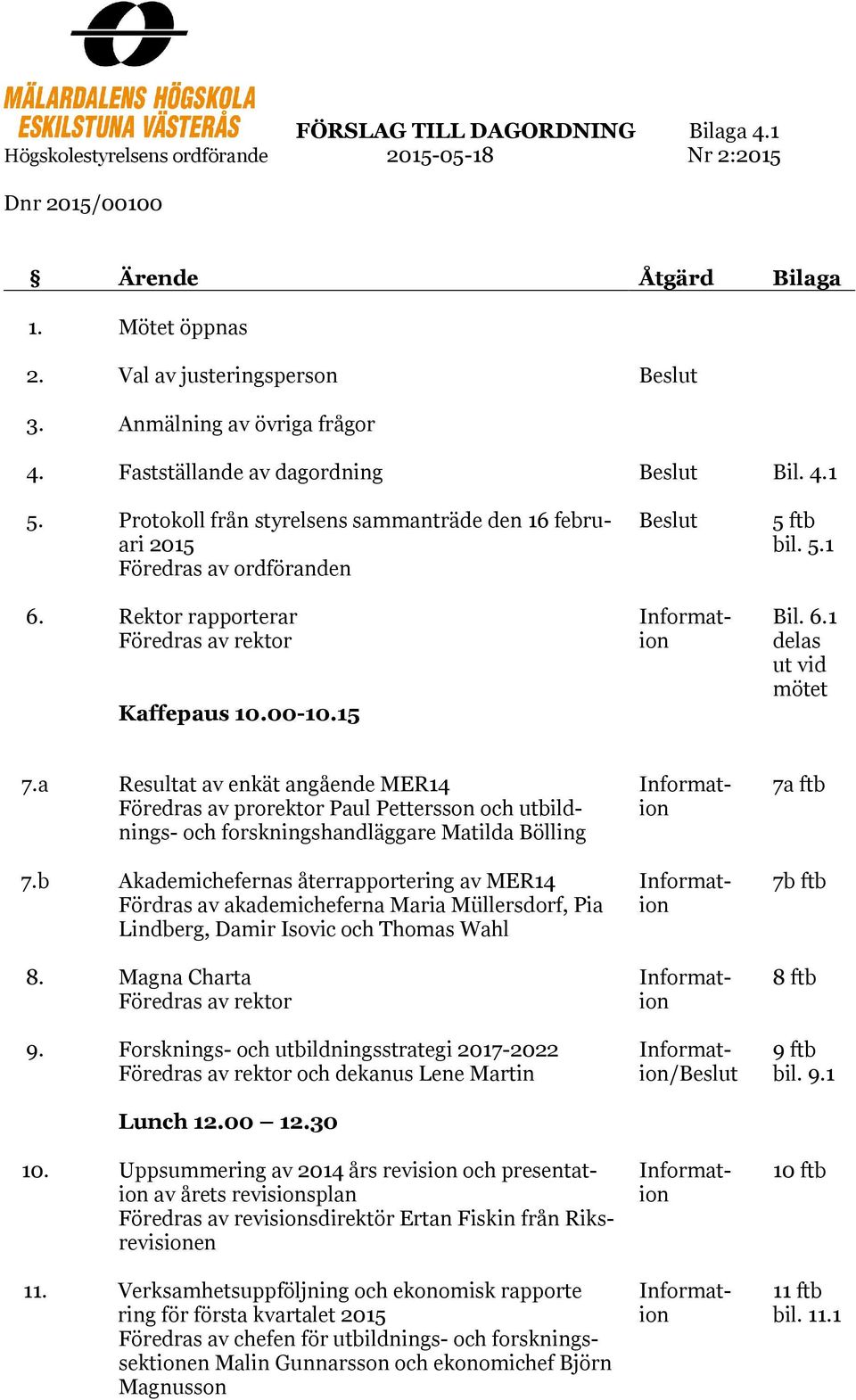 Rektor rapporterar Föredras av rektor Kaffepaus 10.00-10.15 Beslut Information 5 ftb bil. 5.1 Bil. 6.1 delas ut vid mötet 7.