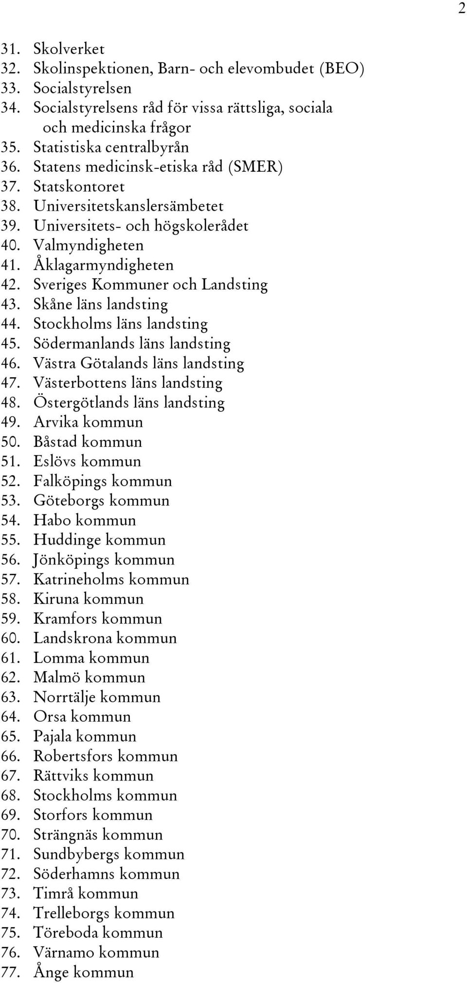 Sveriges Kommuner och Landsting 43. Skåne läns landsting 44. Stockholms läns landsting 45. Södermanlands läns landsting 46. Västra Götalands läns landsting 47. Västerbottens läns landsting 48.