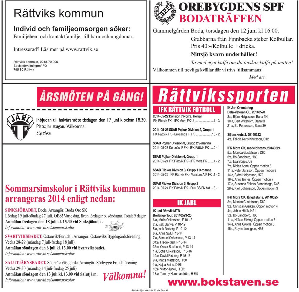 Styrelsen Sommarsimskolor i Rättviks kommun arrangeras 2014 enligt nedan: SINKSJÖBADET, Boda. Arrangör: Boda Ore SK Lördag 19 juli-söndag 27 juli. OBS! Varje dag, även lördagar o. söndagar.