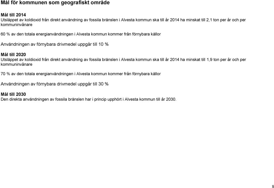 koldioxid från direkt användning av fossila bränslen i Alvesta kommun ska till år 2014 ha minskat till 1,9 ton per år och per kommuninvånare 70 % av den totala energianvändningen i Alvesta