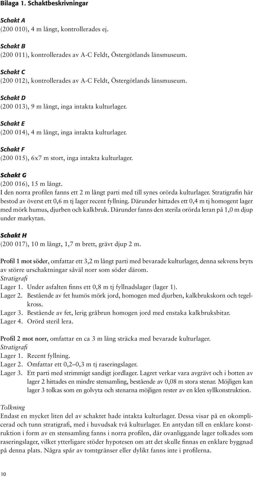 Schakt F (200 015), 6x7 m stort, inga intakta kulturlager. Schakt G (200 016), 15 m långt. I den norra profilen fanns ett 2 m långt parti med till synes orörda kulturlager.