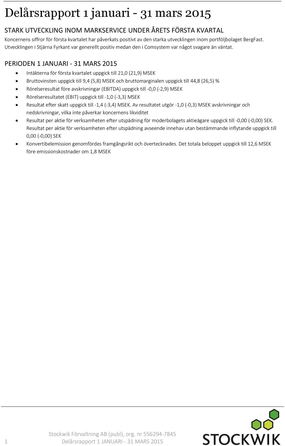 PERIODEN 1 JANUARI - 31 MARS 2015 Intäkterna för första kvartalet uppgick till 21,0 (21,9) MSEK Bruttovinsten uppgick till 9,4 (5,8) MSEK och bruttomarginalen uppgick till 44,8 (26,5) %