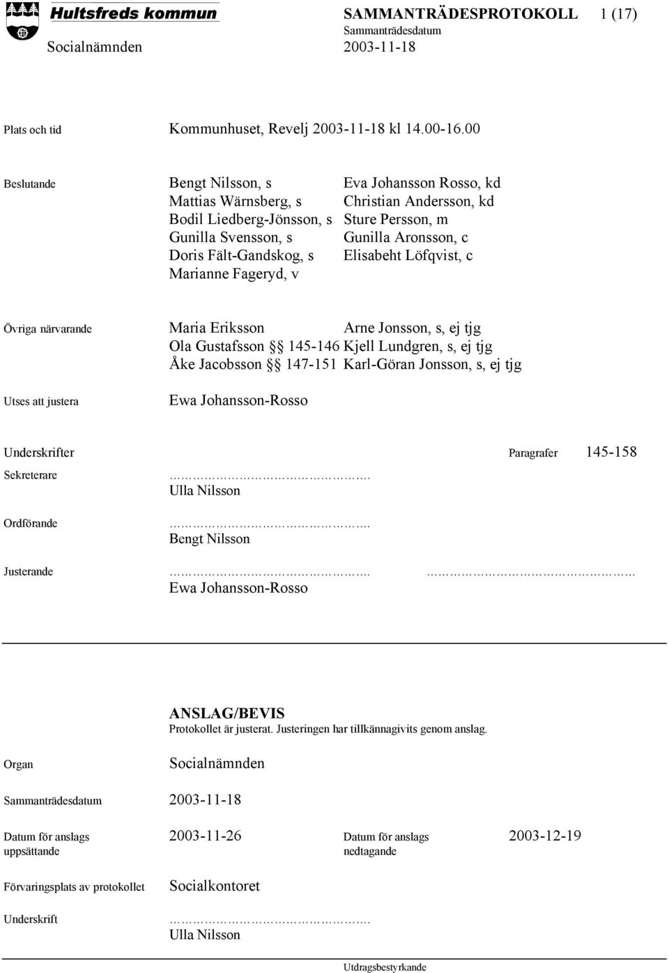 Elisabeht Löfqvist, c Marianne Fageryd, v Övriga närvarande Maria Eriksson Arne Jonsson, s, ej tjg Ola Gustafsson 145-146 Kjell Lundgren, s, ej tjg Åke Jacobsson 147-151 Karl-Göran Jonsson, s, ej tjg