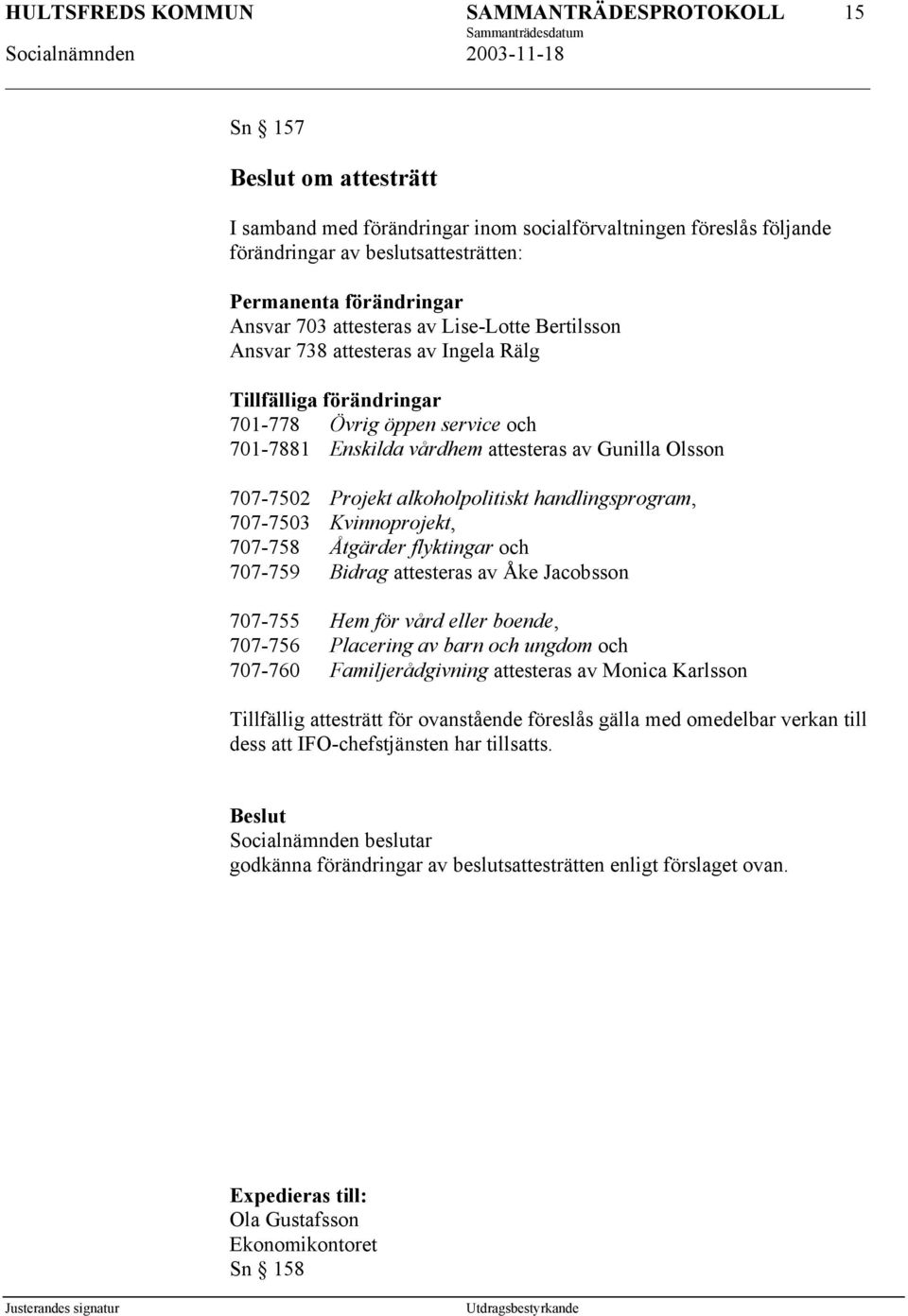 handlingsprogram, 707-7503 Kvinnoprojekt, 707-758 Åtgärder flyktingar och 707-759 Bidrag attesteras av Åke Jacobsson 707-755 Hem för vård eller boende, 707-756 Placering av barn och ungdom och