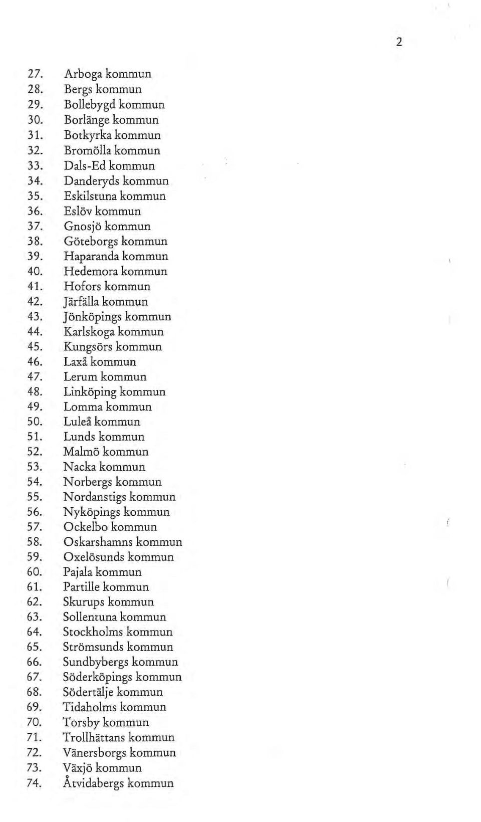 Lerum kommun 48. Linköping kommun 49. Lomma kommun 50. Luleå kommun 51. Lunds kommun 52. Malmö kommun 53. Nacka kommun 54. Norbergs kommun 55. Nordans tigs kommun 56. Nyköpings kommun 57.