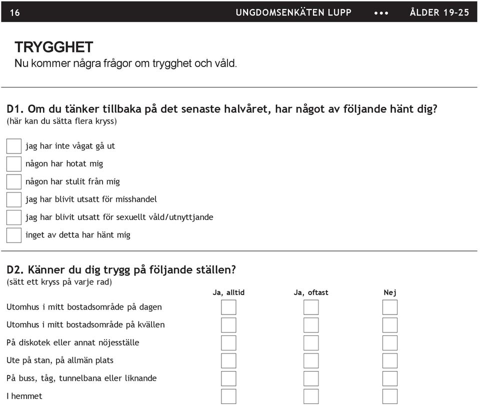 sexuellt våld/utnyttjande inget av detta har hänt mig D2. Känner du dig trygg på följande ställen?