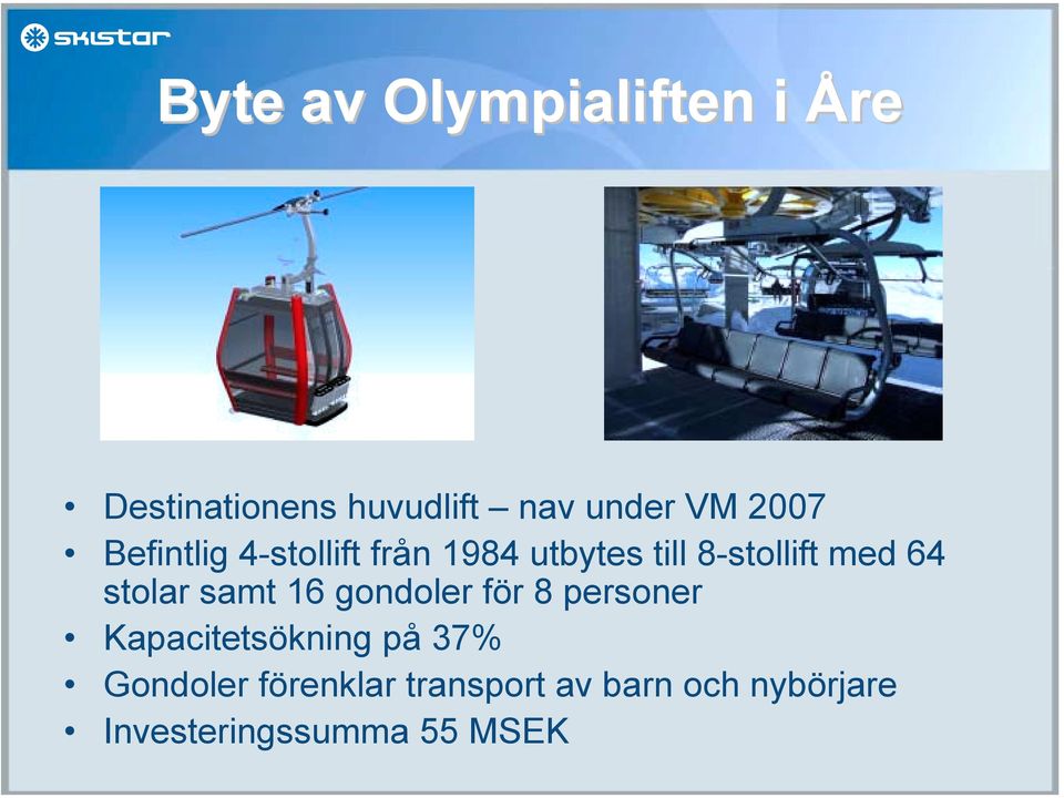 stolar samt 16 gondoler för 8 personer Kapacitetsökning på 37%