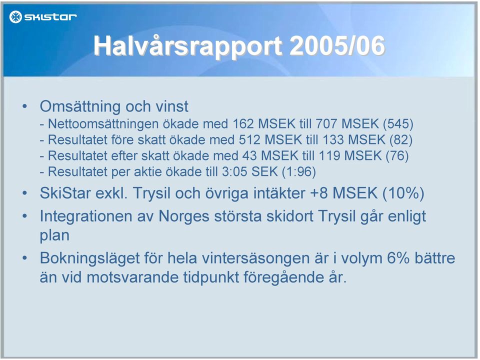 aktie ökade till 3:05 SEK (1:96) SkiStar exkl.