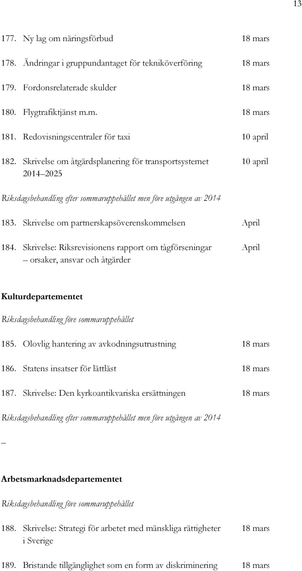 Skrivelse: Riksrevisionens rapport om tågförseningar April orsaker, ansvar och åtgärder Kulturdepartementet 185. Olovlig hantering av avkodningsutrustning 18 mars 186.