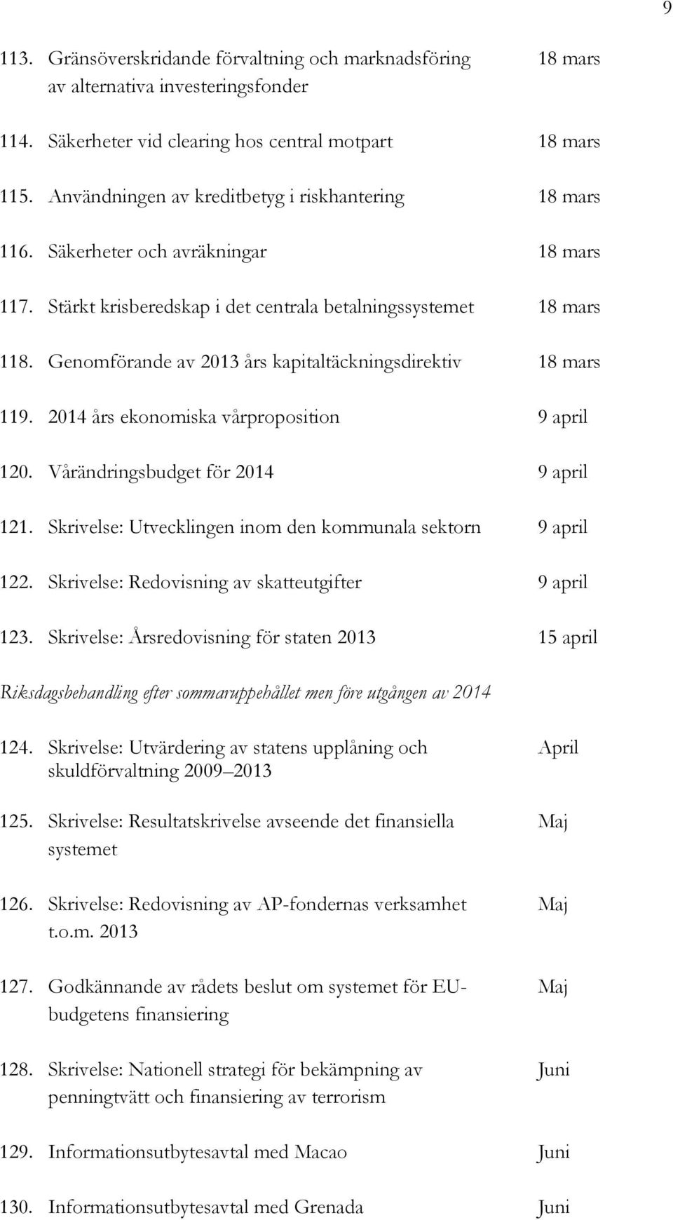 Genomförande av 2013 års kapitaltäckningsdirektiv 18 mars 119. 2014 års ekonomiska vårproposition 9 april 120. Vårändringsbudget för 2014 9 april 121.