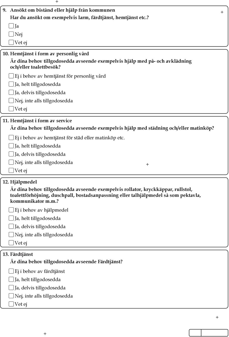 Ej i behov av hemtjänst för personlig vård, helt tillgodosedda, delvis tillgodosedda, inte alls tillgodosedda 11.