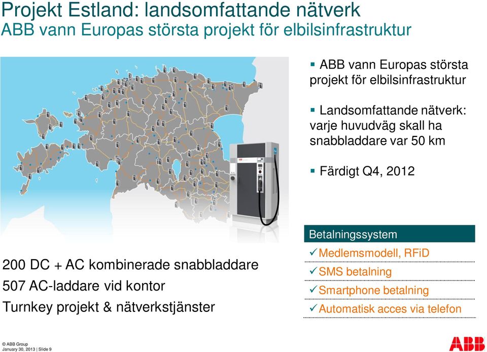 Färdigt Q4, 2012 200 DC + AC kombinerade snabbladdare 507 AC-laddare vid kontor Turnkey projekt & nätverkstjänster