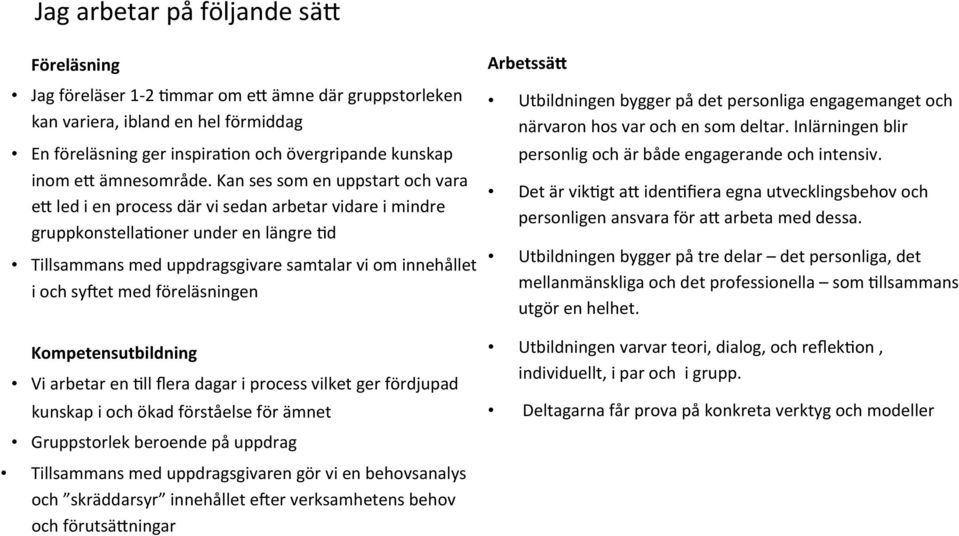 Kan ses som en uppstart och vara ec led i en process där vi sedan arbetar vidare i mindre gruppkonstella_oner under en längre _d Tillsammans med uppdragsgivare samtalar vi om innehållet i och sydet