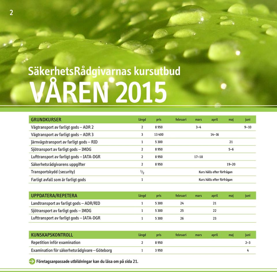 Transportskydd (security) 1 / 2 Kurs hålls efter förfrågan Farligt avfall som är farligt gods 1 Kurs hålls efter förfrågan UPPDATERA/REPETERA längd pris februari mars april maj juni Landtransport av