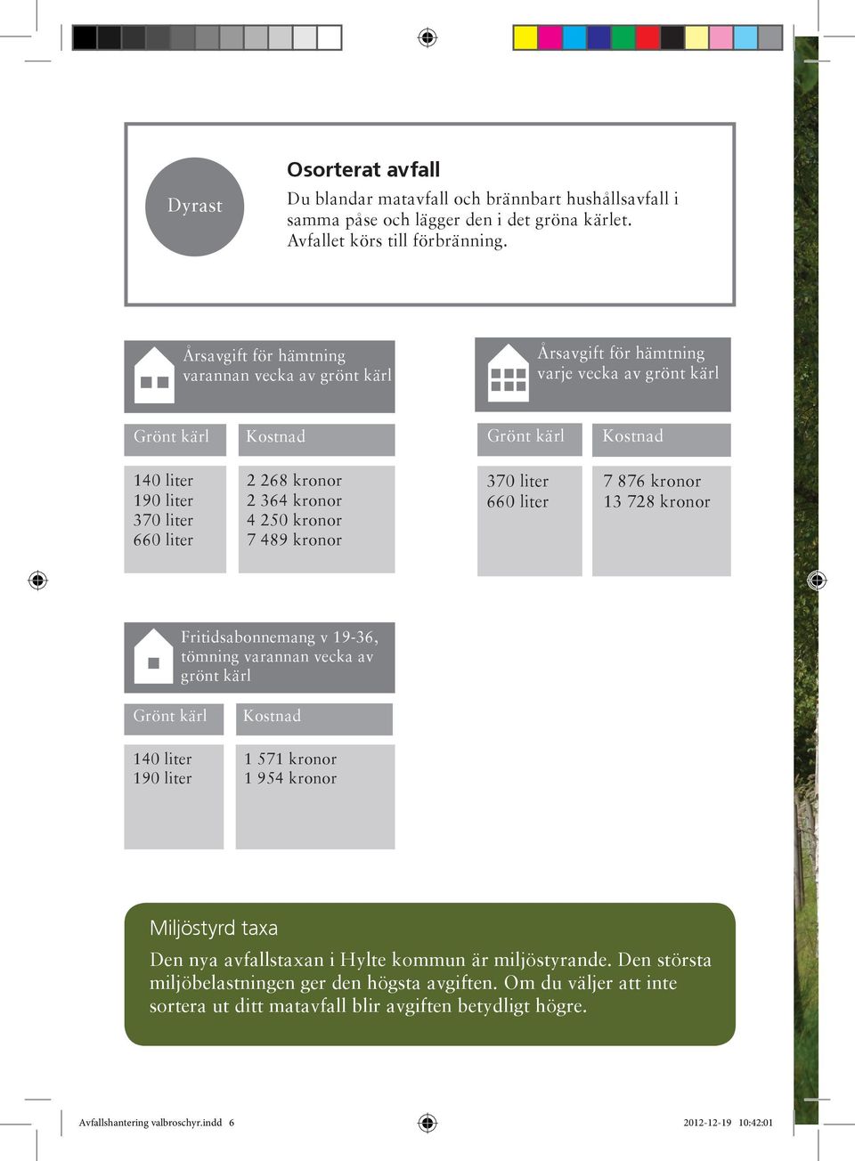 19-36, tömning varannan vecka av grönt kärl 1 571 kronor 1 954 kronor Miljöstyrd taxa Den nya avfallstaxan i Hylte kommun är miljöstyrande.