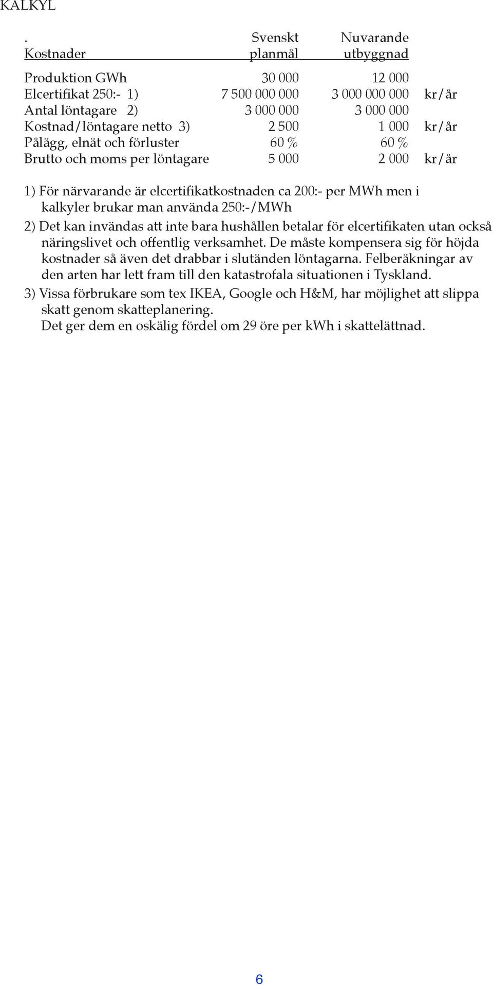 500 1 000 kr/år Pålägg, elnät och förluster 60 % 60 % Brutto och moms per löntagare 5 000 2 000 kr/år 1) För närvarande är elcertifikatkostnaden ca 200:- per MWh men i kalkyler brukar man använda