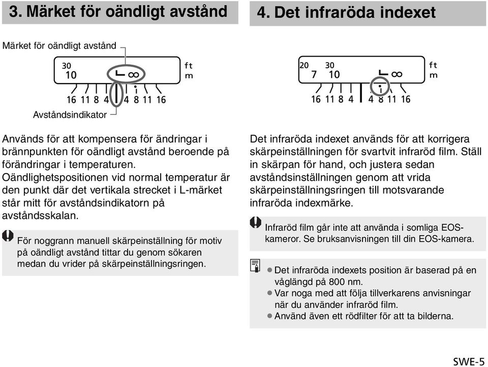 Oändlighetspositionen vid normal temperatur är den punkt där det vertikala strecket i L-märket står mitt för avståndsindikatorn på avståndsskalan.