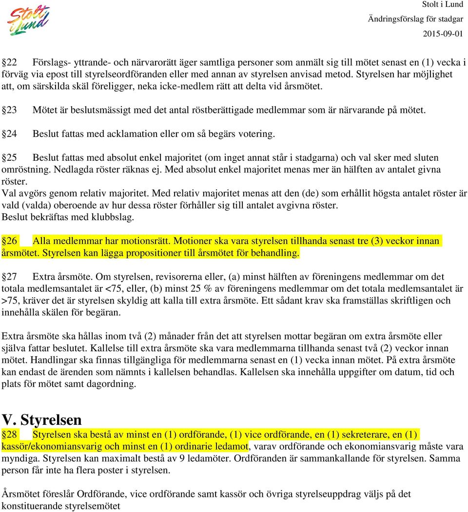 24 Beslut fattas med acklamation eller om så begärs votering. 25 Beslut fattas med absolut enkel majoritet (om inget annat står i stadgarna) och val sker med sluten omröstning.