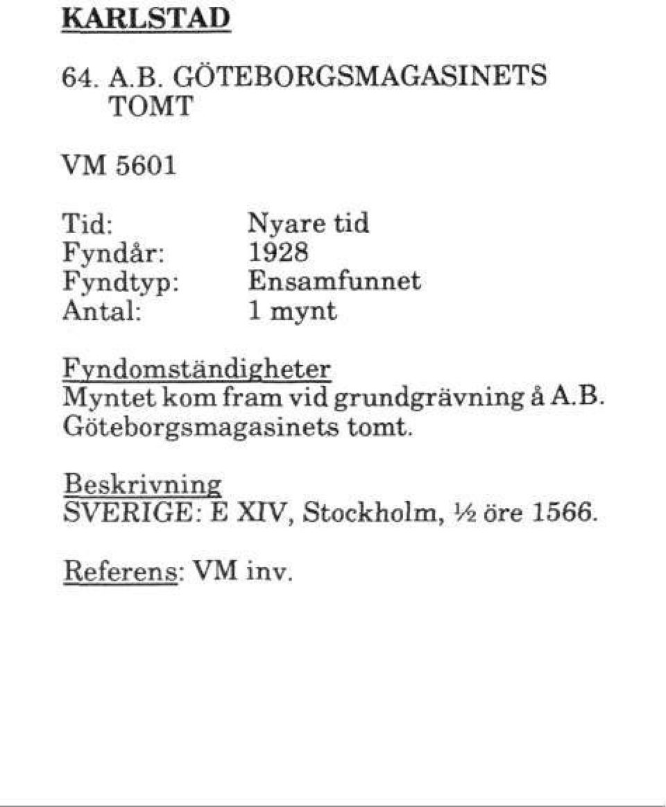 1928 Myntet kom fram vid grundgrävnmg å A.