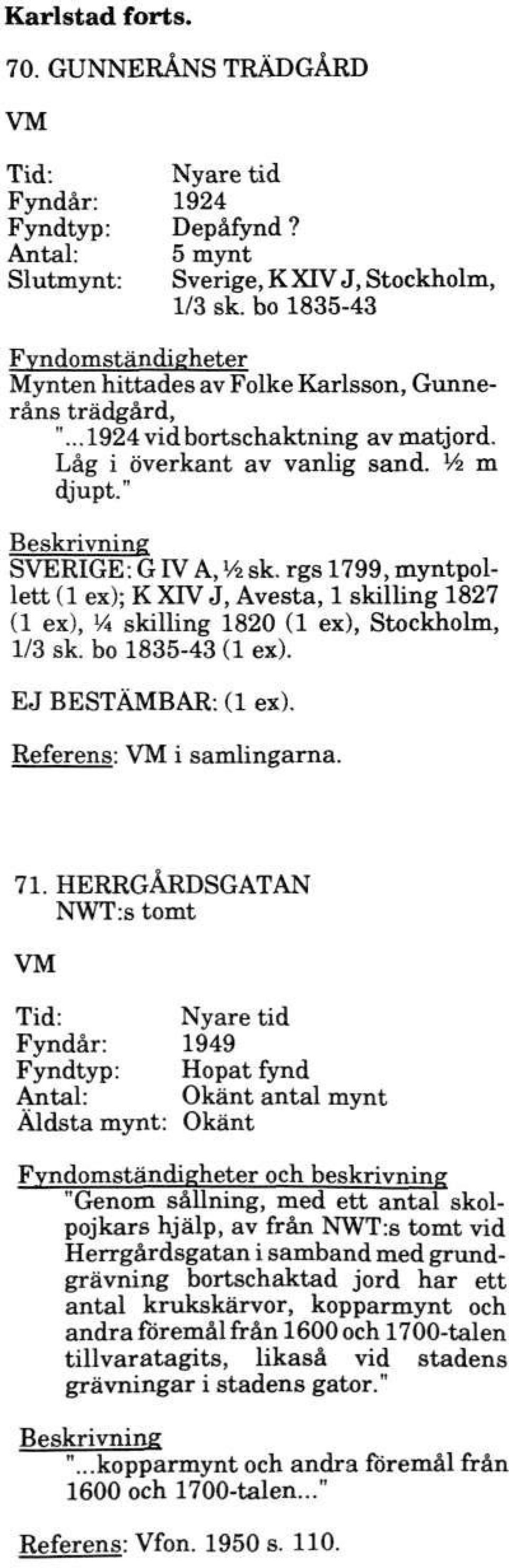 rgs 1799, myntpollett (1 ex); K XIV J, Avesta, 1 skilling 1827 (1 ex),v4 skilling 1820 (1 ex), Stockholm, 1/3 sk. bo 1835-43 (1 ex). EJ BESTÄMBAR: (1 ex). Referens: i samlingarna. 71.