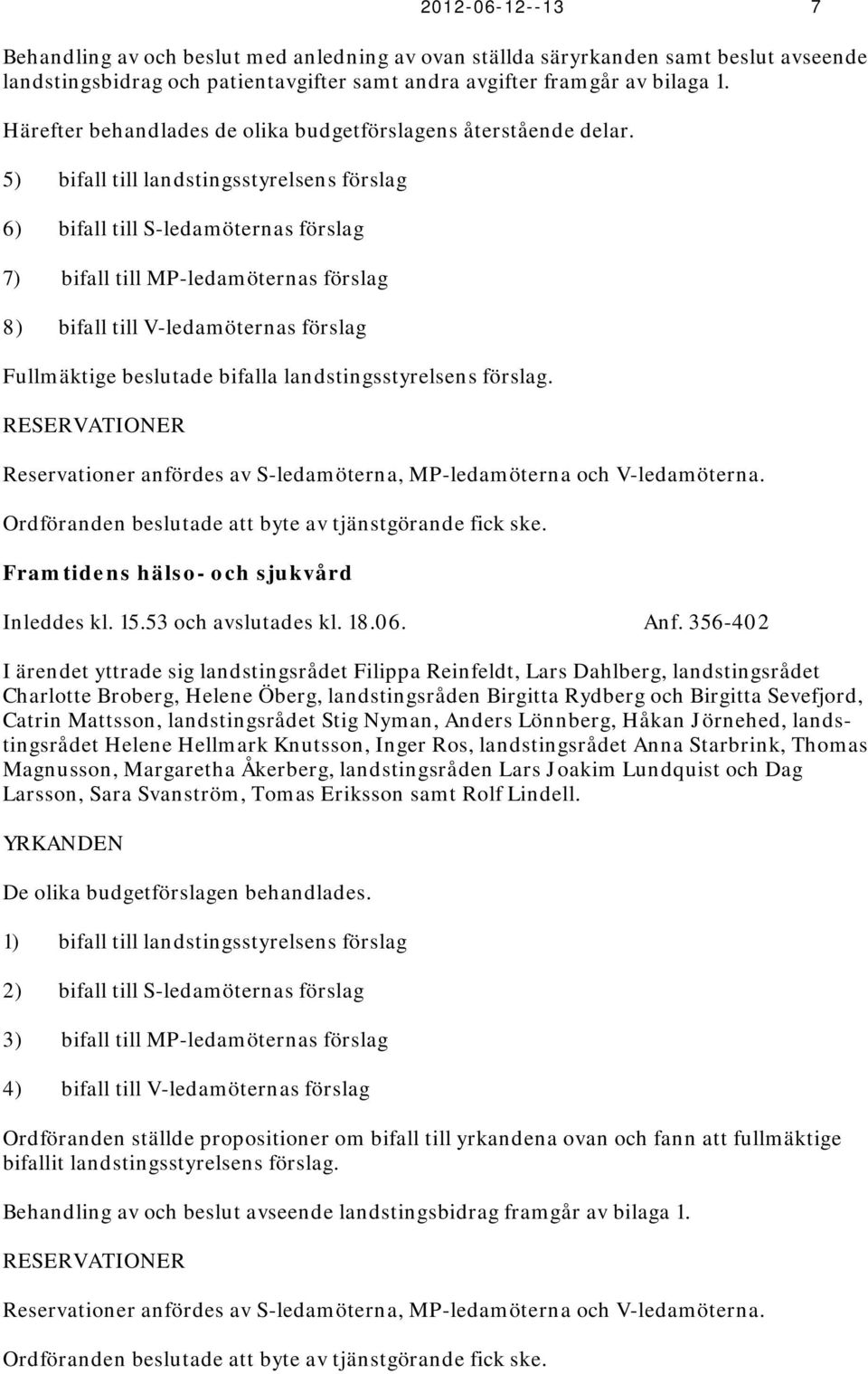 5) bifall till landstingsstyrelsens förslag 6) bifall till S-ledamöternas förslag 7) bifall till MP-ledamöternas förslag 8) bifall till V-ledamöternas förslag Fullmäktige beslutade bifalla