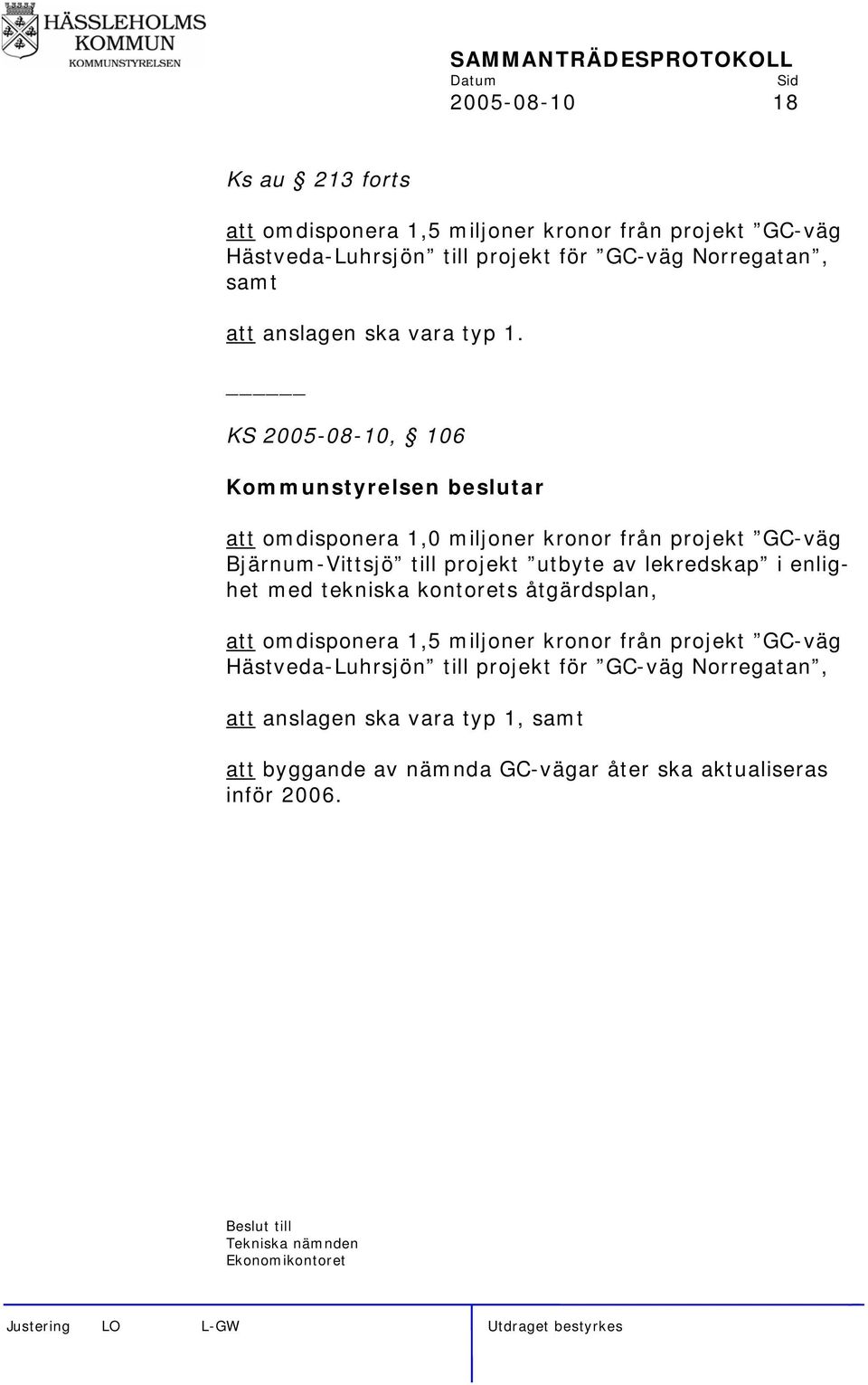 KS 2005-08-10, 106 Kommunstyrelsen beslutar att omdisponera 1,0 miljoner kronor från projekt GC-väg Bjärnum-Vittsjö till projekt utbyte av lekredskap i