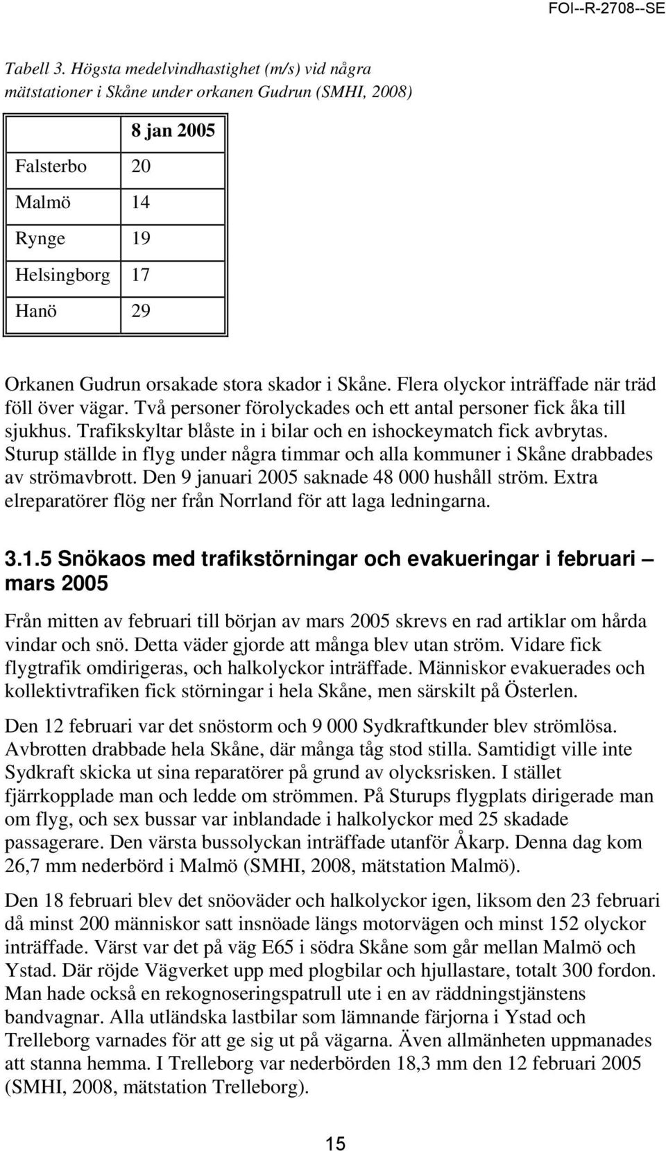 i Skåne. Flera olyckor när träd föll över vägar. Två personer förolyckades och ett antal personer fick åka till sjukhus. Trafikskyltar blåste in i bilar och en ishockeymatch fick avbrytas.