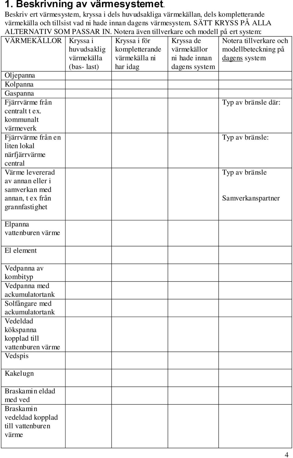 Notera även tillverkare och modell på ert system: VÄRMEKÄLLOR Kryssa i huvudsaklig värmekälla (bas- last) Kryssa i för kompletterande värmekälla ni har idag Kryssa de värmekällor ni hade innan dagens