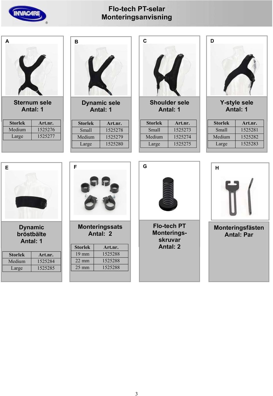 1525282 Large 1525283 E F G H Dynamic bröstbälte Medium 1525284 Large 1525285 Monteringssats Antal: 2
