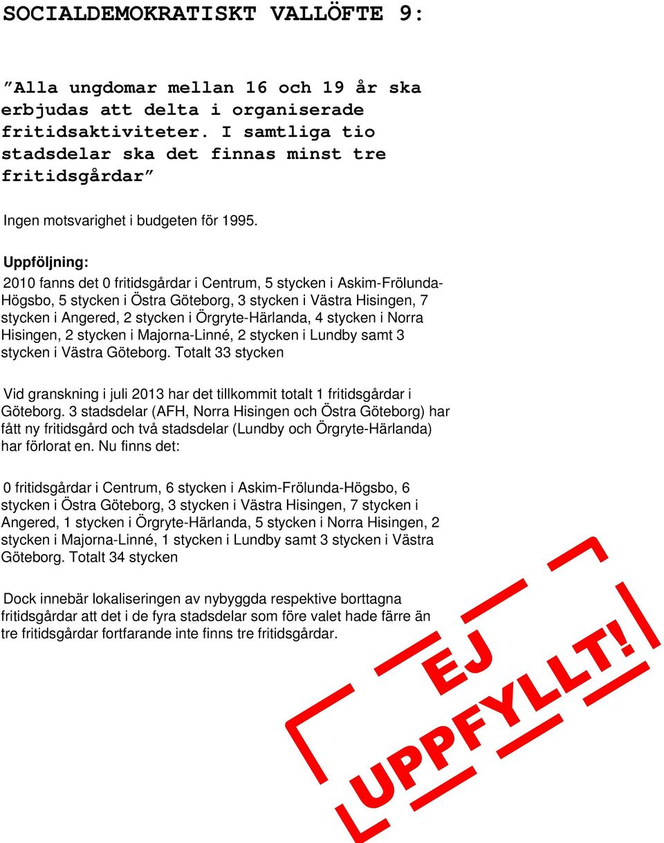 2010 fanns det 0 fritidsgårdar i Centrum, 5 stycken i Askim-Frölunda- Högsbo, 5 stycken i Östra Göteborg, 3 stycken i Västra Hisingen, 7 stycken i Angered, 2 stycken i Örgryte-Härlanda, 4 stycken i