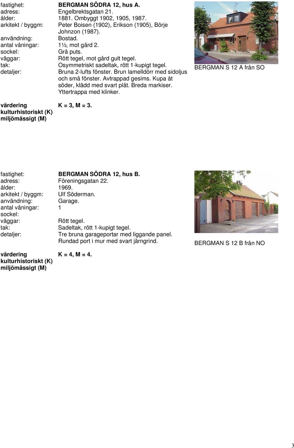 Kupa åt söder, klädd med svart plåt. Breda markiser. Yttertrappa med klinker. BERGMAN S 12 A från SO K = 3, M = 3. fastighet: BERGMAN SÖDRA 12, hus B. adress: Föreningsgatan 22.