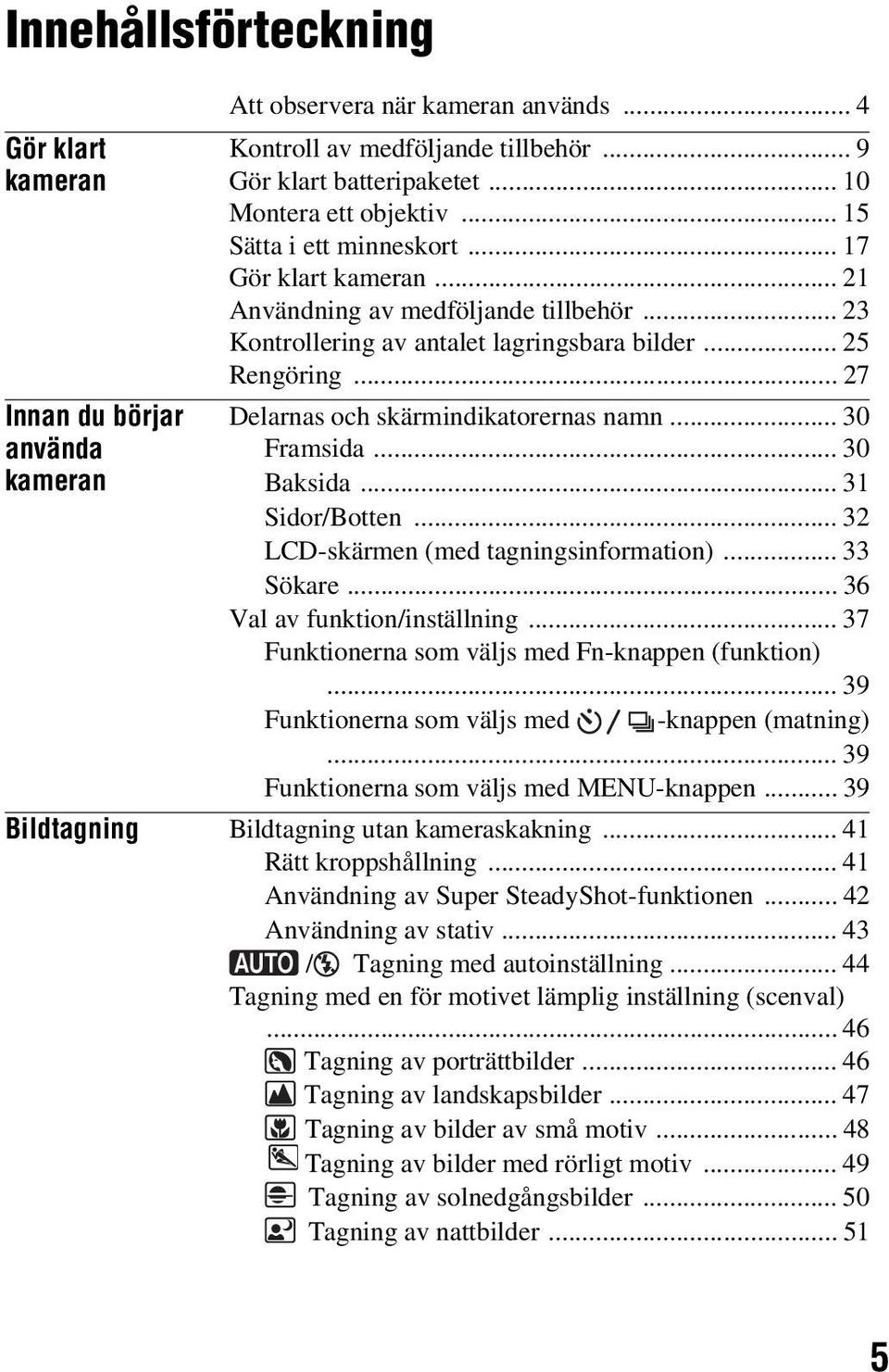 .. 27 Delarnas och skärmindikatorernas namn... 30 Framsida... 30 Baksida... 31 Sidor/Botten... 32 LCD-skärmen (med tagningsinformation)... 33 Sökare... 36 Val av funktion/inställning.
