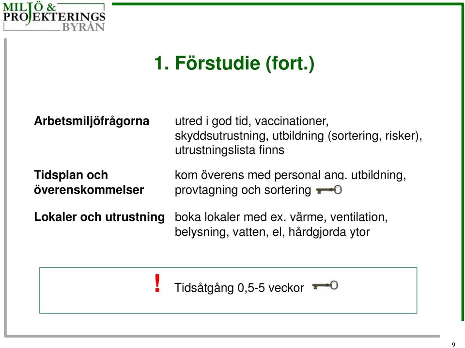 skyddsutrustning, utbildning (sortering, risker), utrustningslista finns kom överens med