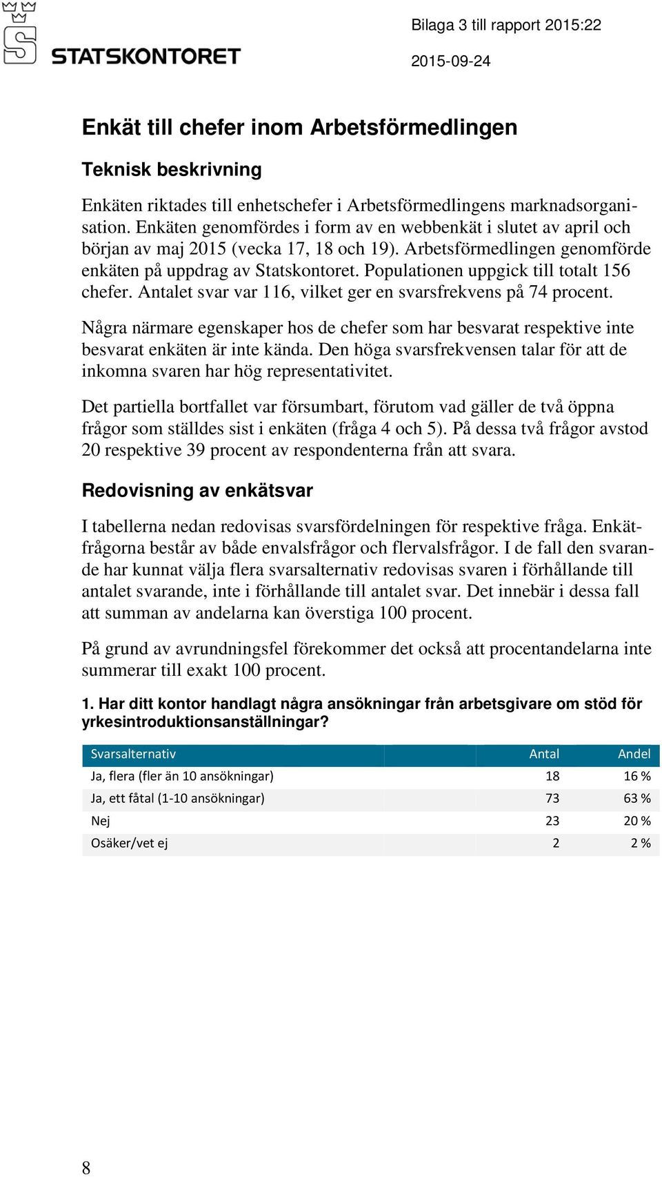 Populationen uppgick till totalt 156 chefer. Antalet svar var 116, vilket ger en svarsfrekvens på 74 procent.