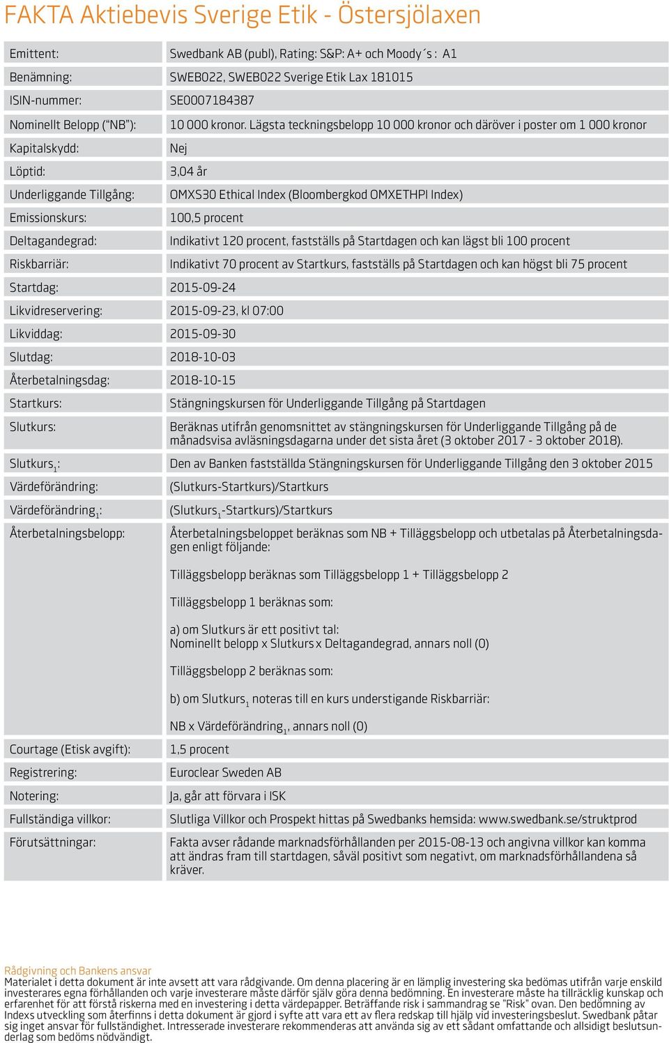 Lägsta teckningsbelopp 10 000 kronor och däröver i poster om 1 000 kronor Nej 3,04 år OMXS30 Ethical Index (Bloombergkod OMXETHPI Index) 100,5 procent Startdag: 2015-09-24 Likvidreservering: