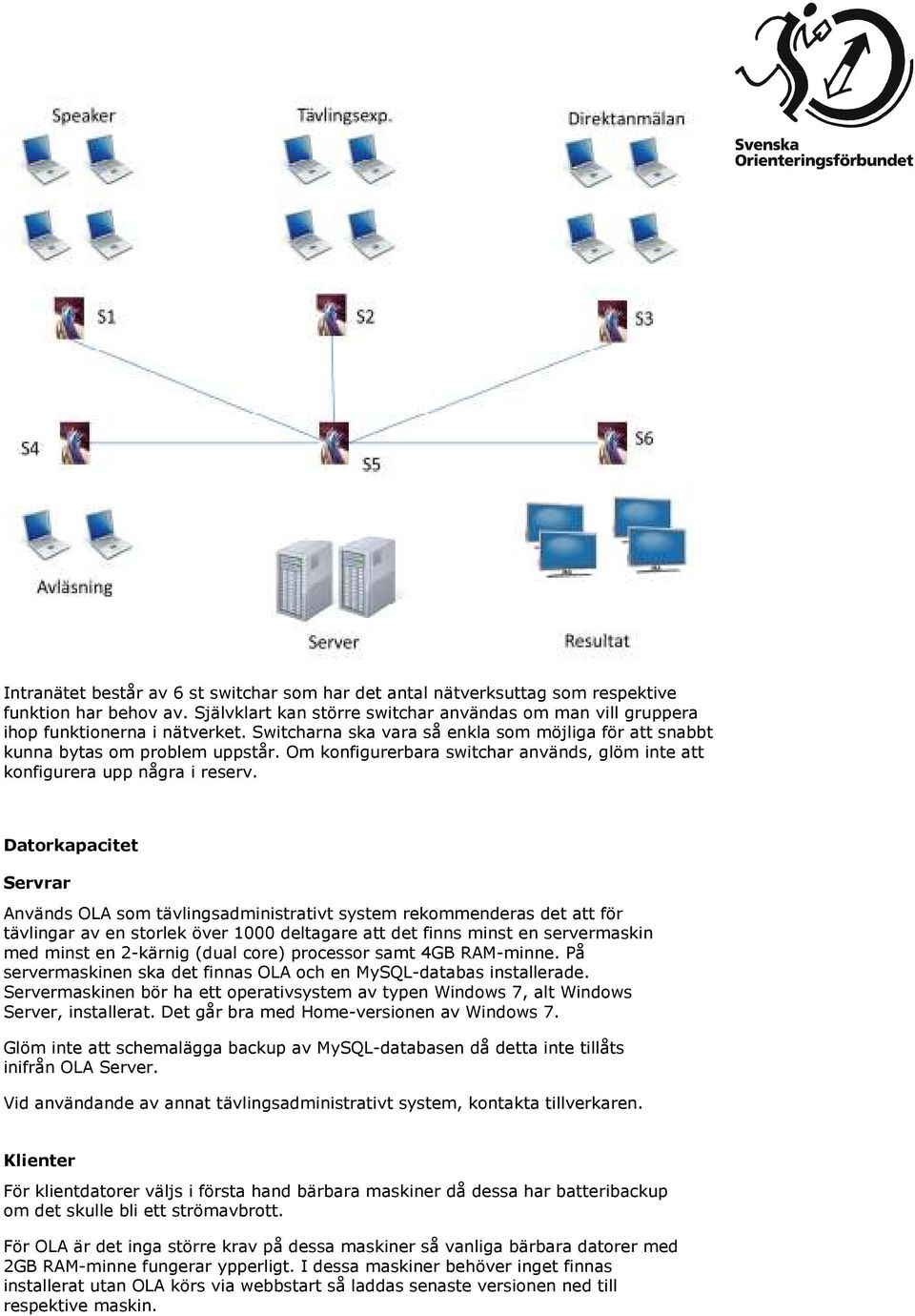 Datorkapacitet Servrar Används OLA som tävlingsadministrativt system rekommenderas det att för tävlingar av en storlek över 1000 deltagare att det finns minst en servermaskin med minst en 2-kärnig