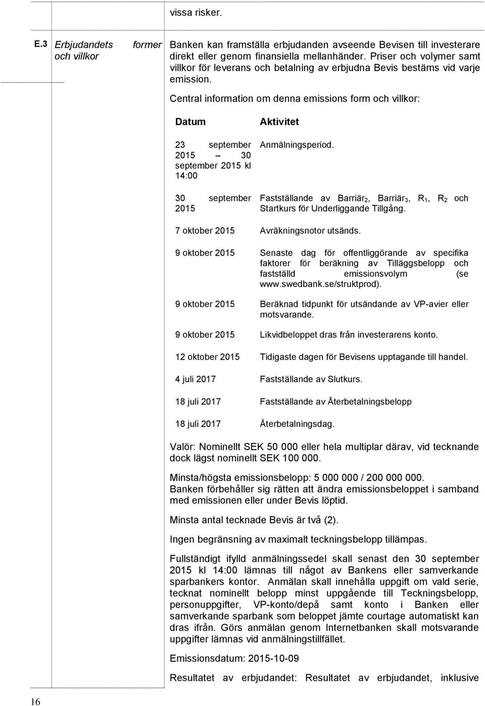 Central information om denna emissions form och villkor: Datum 23 september 2015 30 september 2015 kl 14:00 30 september 2015 Aktivitet Anmälningsperiod.