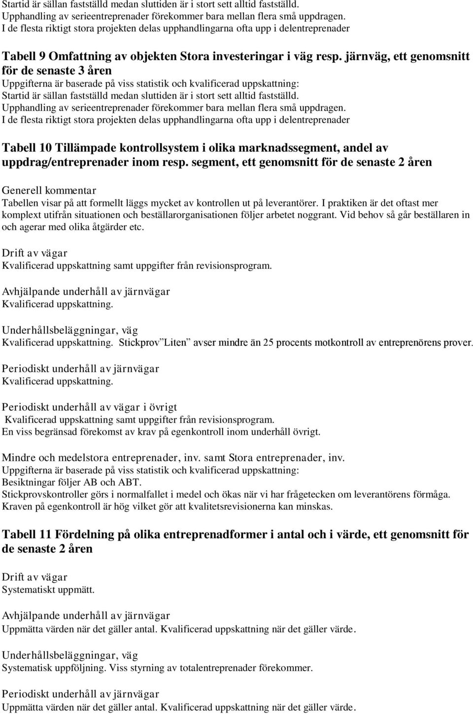 järnväg, ett genomsnitt för de senaste 3 åren  I de flesta riktigt stora projekten delas upphandlingarna ofta upp i delentreprenader Tabell 10 Tillämpade kontrollsystem i olika marknadssegment, andel