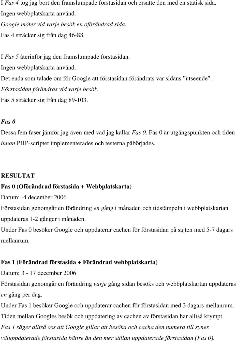 Förstasidan förändras vid varje besök. Fas 5 sträcker sig från dag 89-103. Fas 0 Dessa fem faser jämför jag även med vad jag kallar Fas 0.