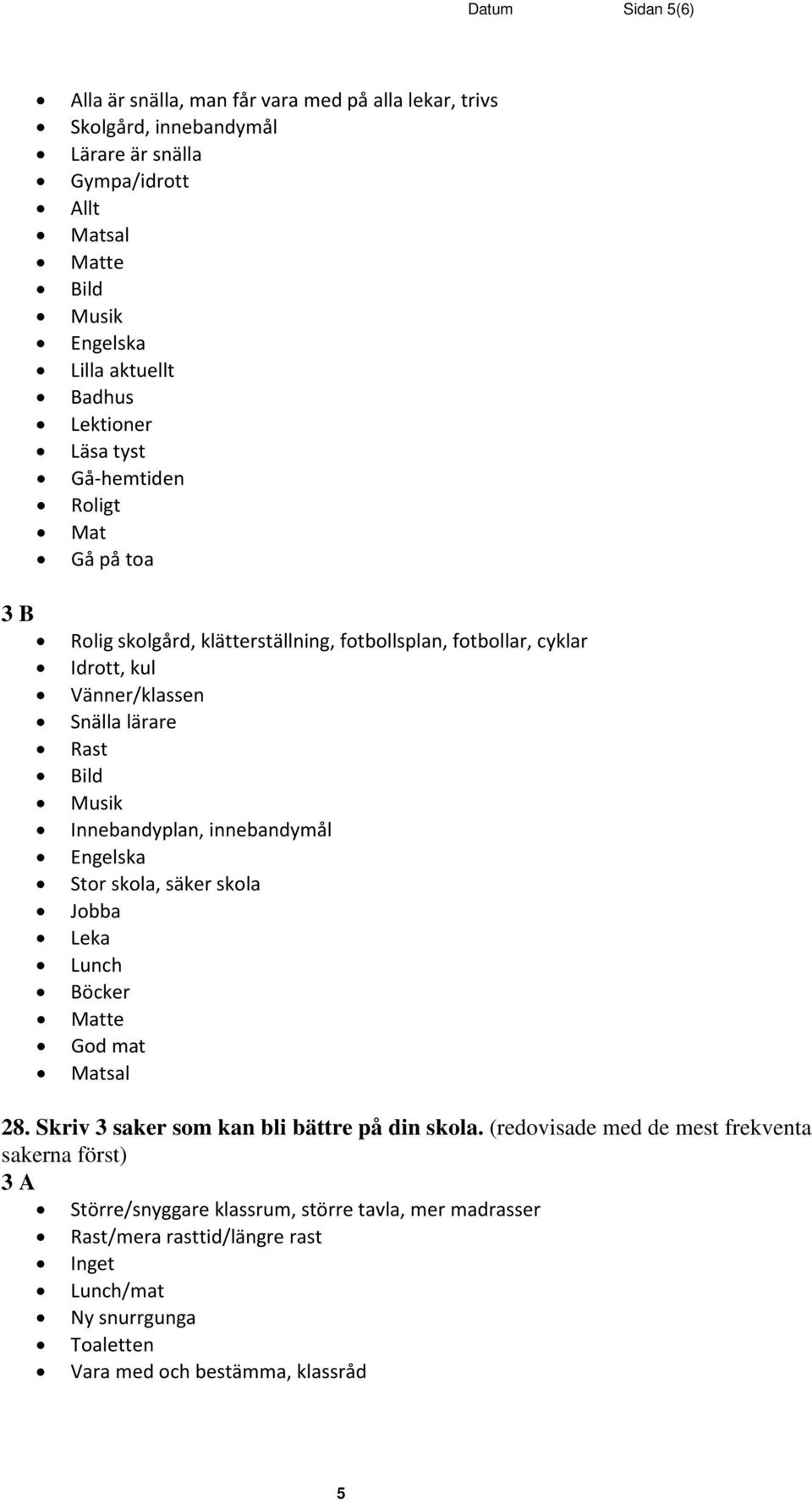 Musik Innebandyplan, innebandymål Engelska Stor skola, säker skola Jobba Leka Lunch Böcker Matte God mat Matsal 28. Skriv 3 saker som kan bli bättre på din skola.