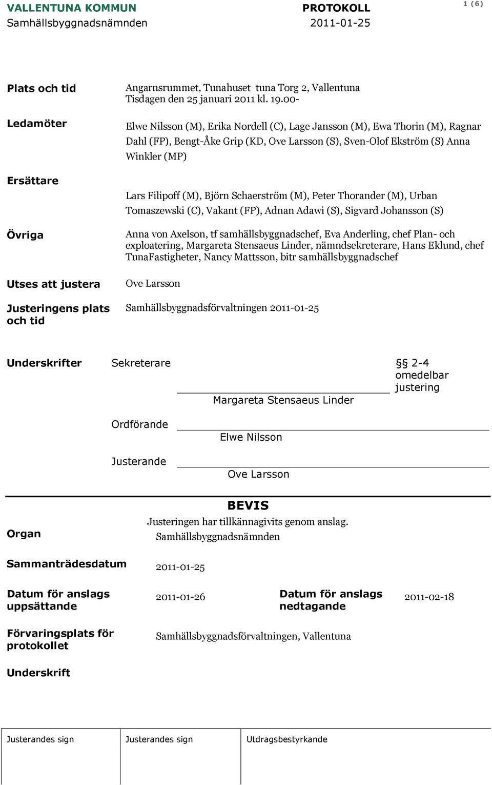 Schaerström (M), Peter Thorander (M), Urban Tomaszewski (C), Vakant (FP), Adnan Adawi (S), Sigvard Johansson (S) Anna von Axelson, tf samhällsbyggnadschef, Eva Anderling, chef Plan- och exploatering,